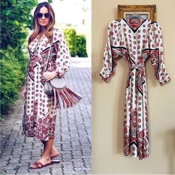 Zara Bloggers Favorite cream red satin scarf print dress - Picture 3 of 8